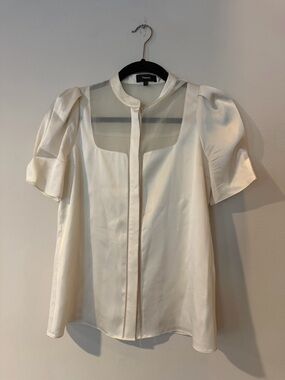 Theory Cream Satin Puff-Sleeve Blouse with Sheer Yoke